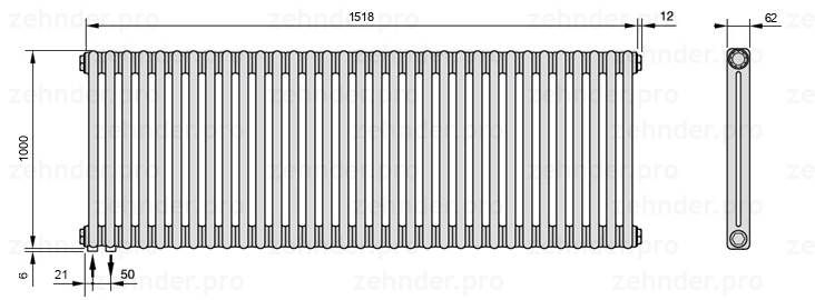 Схема (чертеж) Радиатор Zehnder Charleston 2100/33 №3370 Белый глянцевый RAL 9016